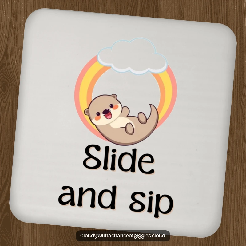 Funny drink coaster featuring a happy otter sliding down a rainbow from a cloud, adding colorful and cheerful flair.
