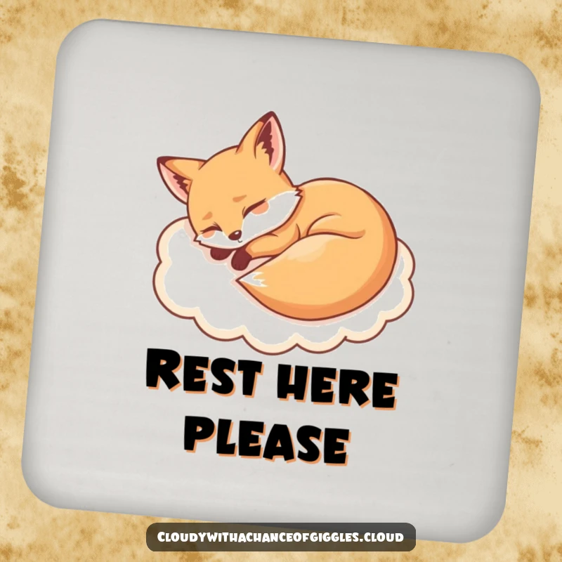 Funny sleepy fox on a cloud drink coaster, safeguarding surfaces with a touch of adorable humor.