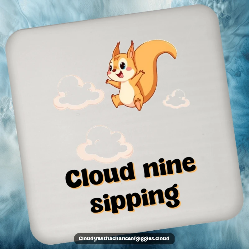 Funny drink coaster featuring a squirrel mid-leap between clouds, adding a whimsical and humorous touch to any tabletop.
