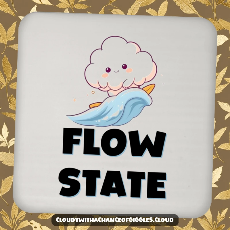 Funny cloud animal happily surfing a gentle wave of wind, a coaster for drinks.