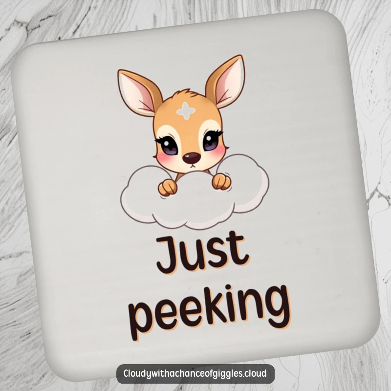 Funny coaster with a shy deer and big eyes peeking from a soft cloud, adding gentle charm to surfaces.