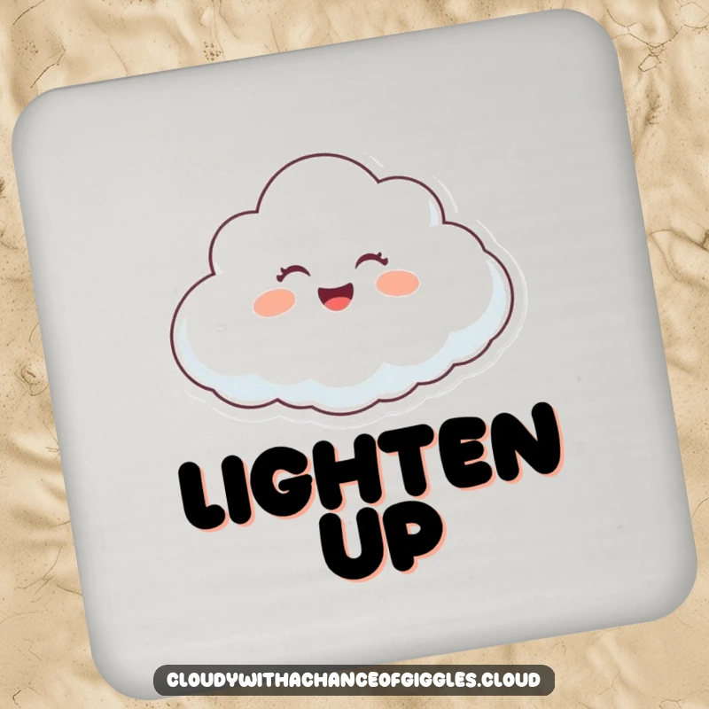 Funny happy cloud character giggling while floating on a gentle breeze, a coaster for drinks.