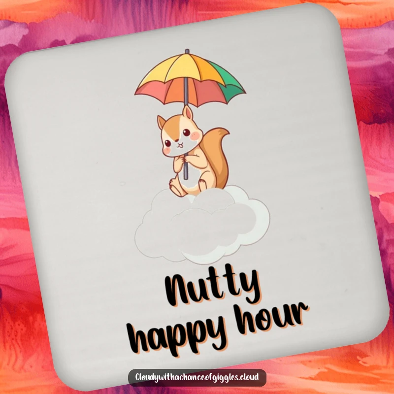 Funny drink coaster with a squirrel on a cloud, holding an umbrella upside down.
