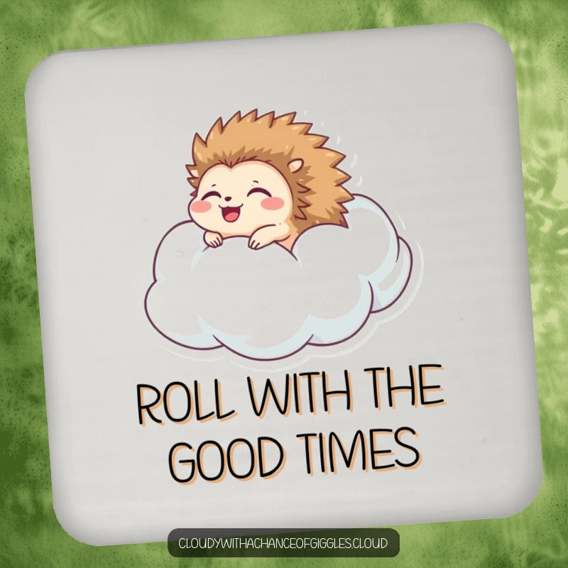 Funny hedgehog coaster with a happy hedgehog rolling down a cloud, protecting surfaces with adorable and humorous flair.