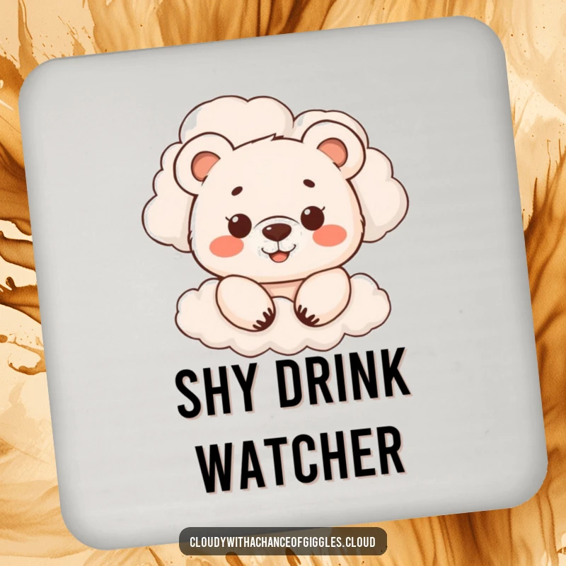 Funny drink coaster with a smiling cartoon bear cub peeking from behind clouds, adding a playful and charming touch to any surface, a funny gift.