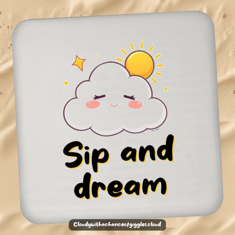 Funny sleepy white cloud with closed eyes, dreaming of sunshine with a happy sigh, on a drink coaster, for serene surface protection.