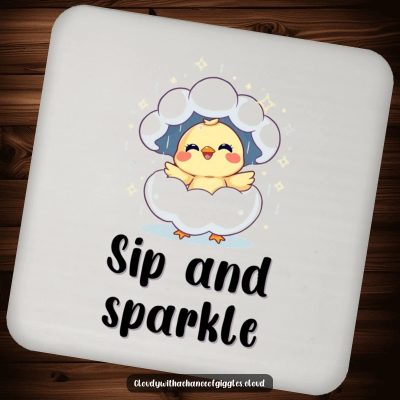 Funny giggling chick hatching from a sparkly cloud drink coaster, adding cheerful humor to any surface.