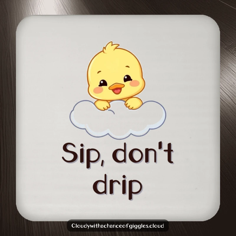 Funny duckling coaster with a smiling duckling peeking from a cloud, protecting surfaces with adorable and humorous flair.