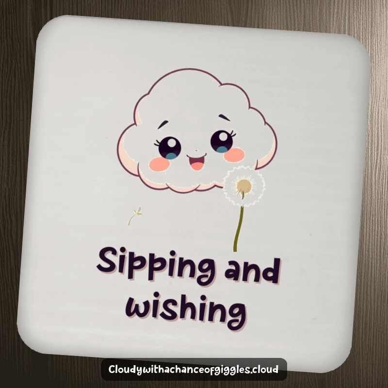 Funny, excited cloud with wide eyes chasing a fluffy white dandelion seed on a protective drink coaster.