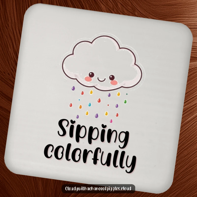 Funny cloud coaster, a small happy cloud raining colorful raindrops, providing surface protection with a cheerful design.