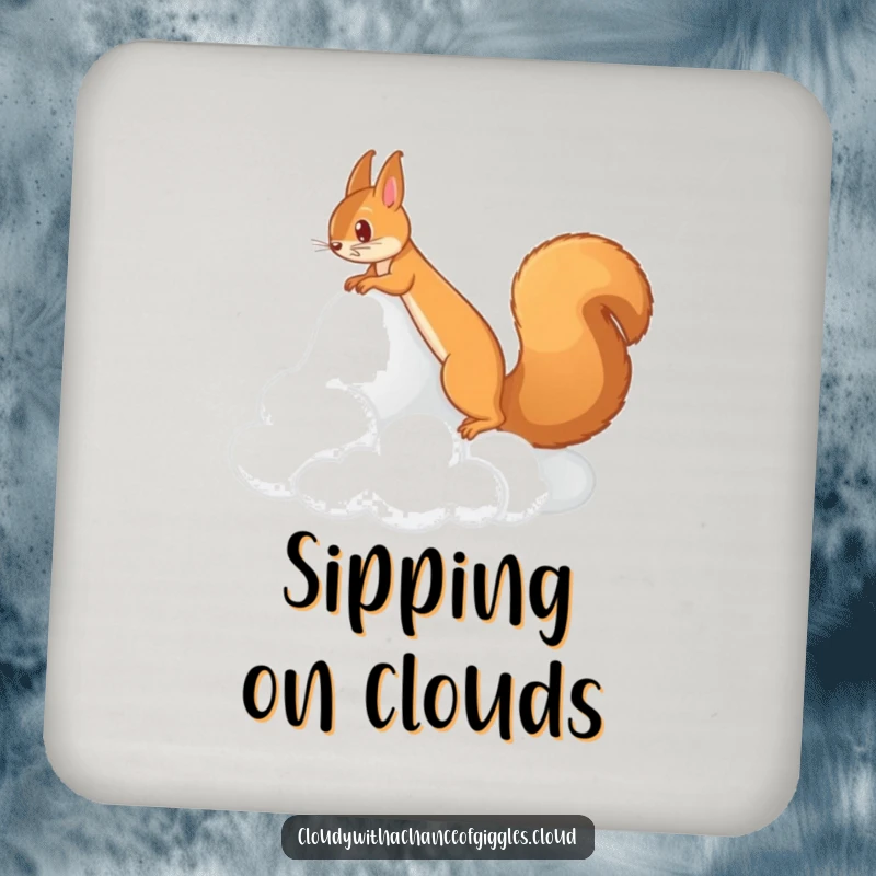 Funny drink coaster with a squirrel climbing a cloud mountain, representing whimsical journeys. A fun funny gift.