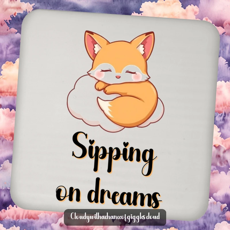 Funny sleepy fox curled up smiling on a soft cloud with closed eyes, a dreamy and humorous coaster for surface protection.