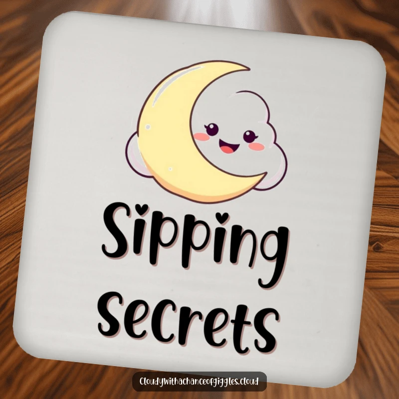 Funny drink coaster featuring a mischievous cloud with a grin, peeking from behind a crescent moon, adding celestial flair.