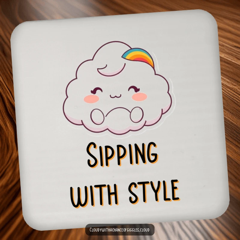 Funny drink coaster with a cute cloud animal character in a rainbow hat waving hello, perfect for protecting surfaces.