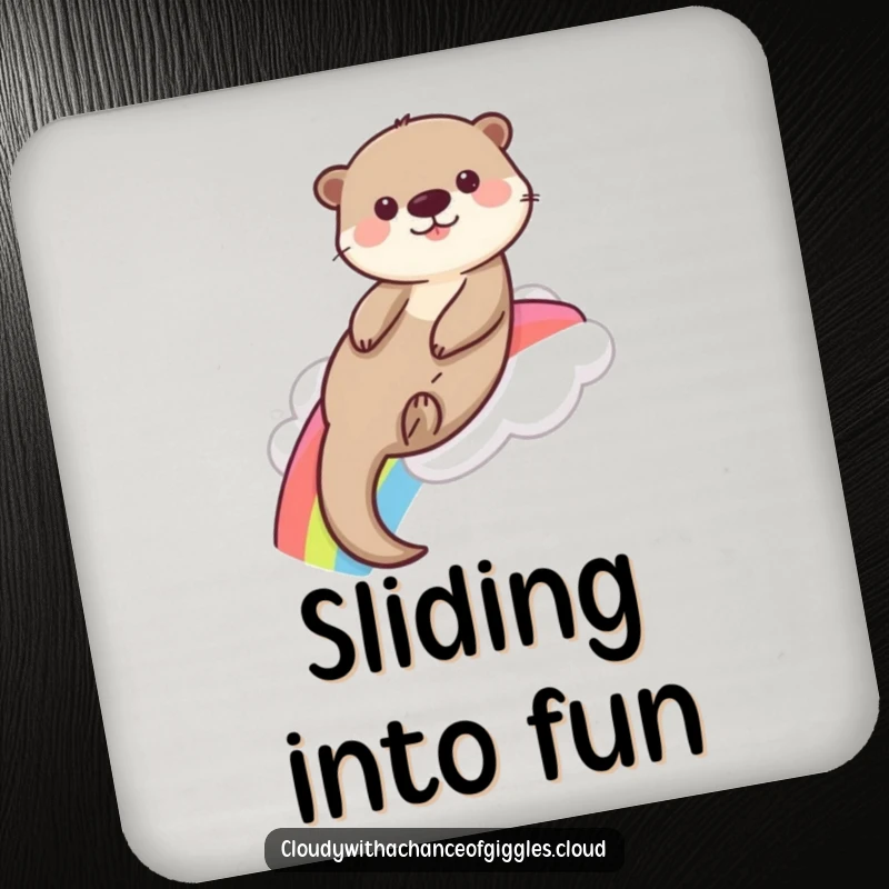 Funny playful otter slides down a rainbow from a fluffy cloud, making these coasters a cute and amusing addition.