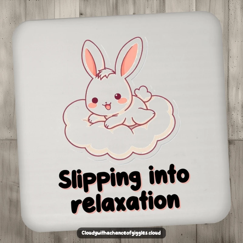 Funny bunny coaster with a cheerful bunny sliding down a cloud, protecting surfaces with adorable and humorous flair.