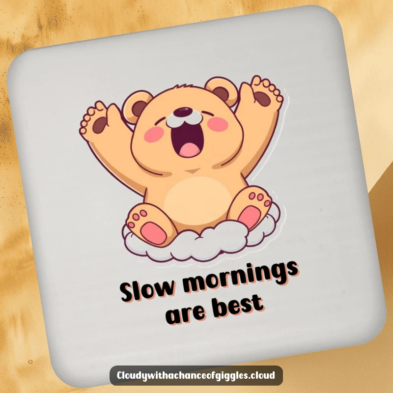 Funny Coaster: A sleepy bear cloud yawns widely, stretching its arms, offering gentle protection and cozy vibes.