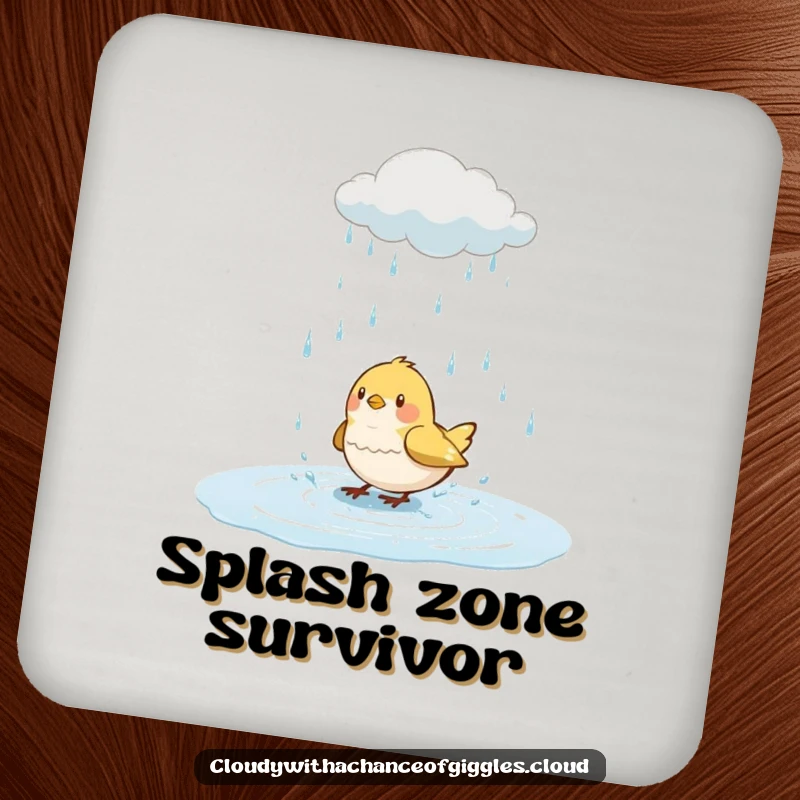 Funny bird coaster, a bird splashing in a puddle under a rain cloud, decorative and protective drink accessory.
