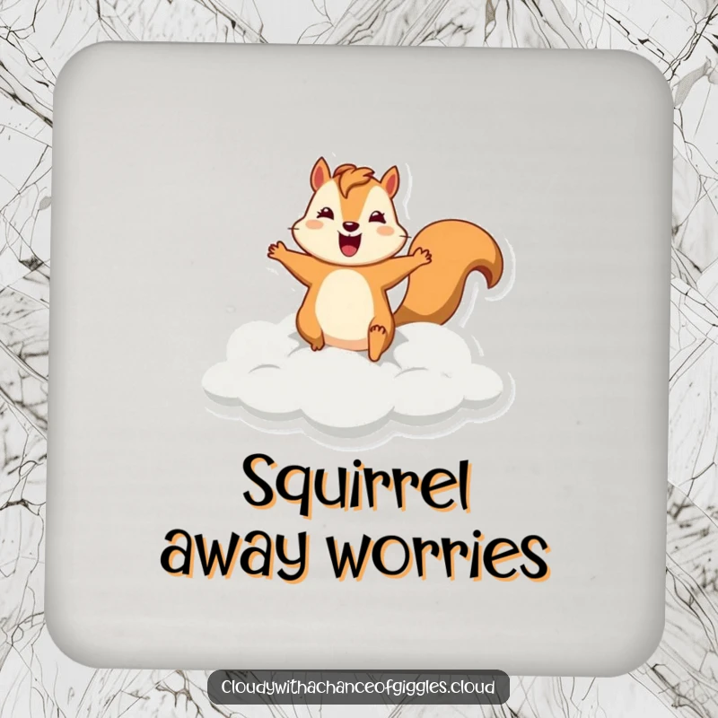Funny squirrel coaster with a silly squirrel leaping from a cloud, protecting surfaces with adorable and humorous flair.