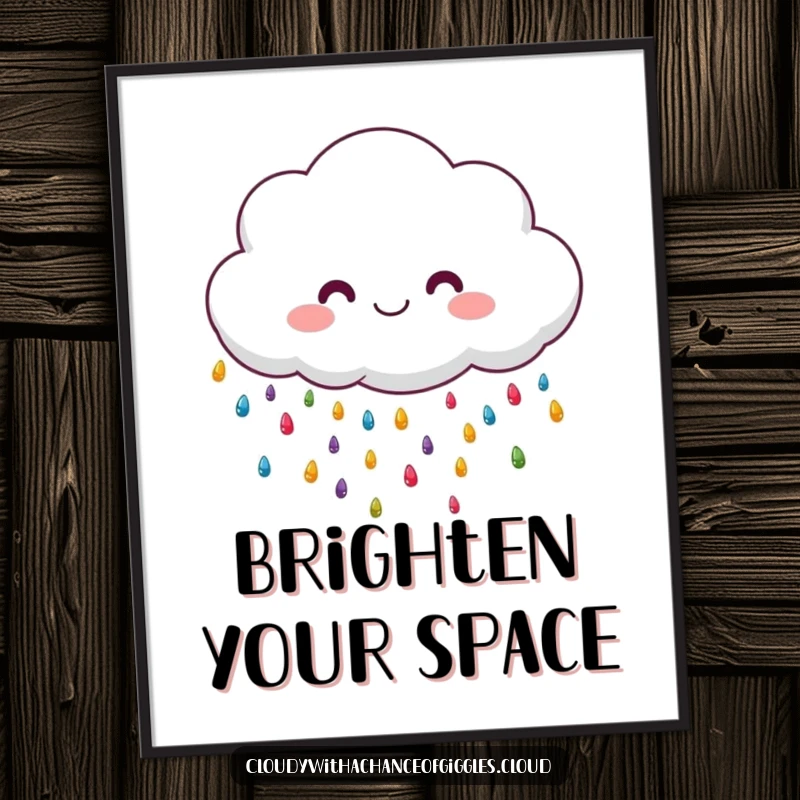 Funny fluffy cloud character raining colorful tiny drops, a vibrant and humorous art print.