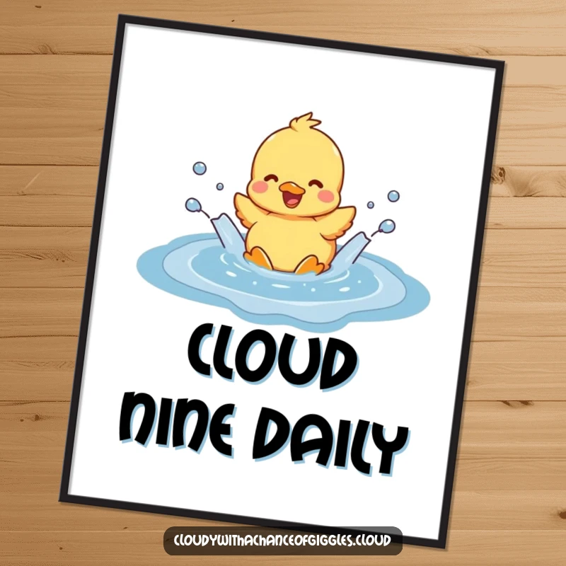 Funny duckling joyfully splashing in a cloud-shaped puddle, depicted as vibrant wall art, bringing cheerful vibes and humor to any space.