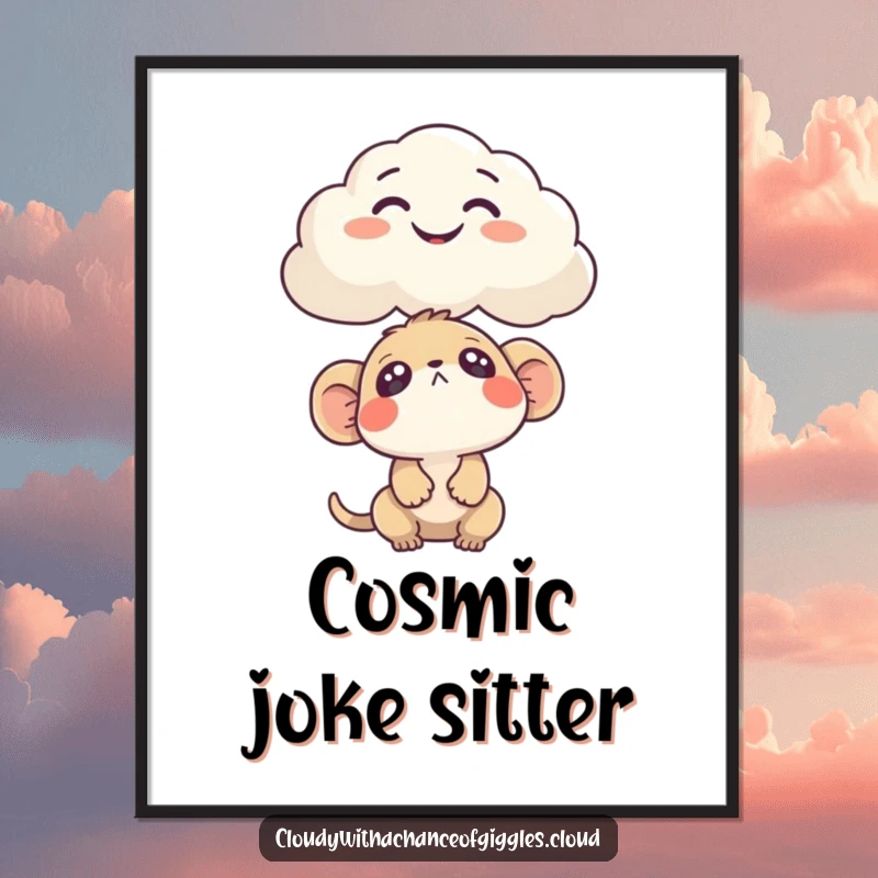 Funny Poster illustrating a curious creature gazing upwards at a cloud uniquely shaped like a comical, smiling face.