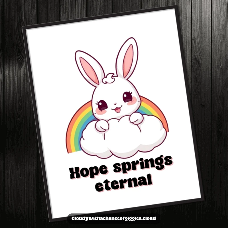 Funny poster illustration of a cheerful bunny peeking from behind a puffy cloud, holding a vibrant rainbow.