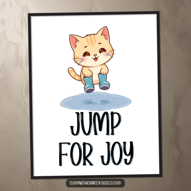 Funny cat in tiny rain boots, joyfully jumping over a puddle, a delightful and humorous art print.