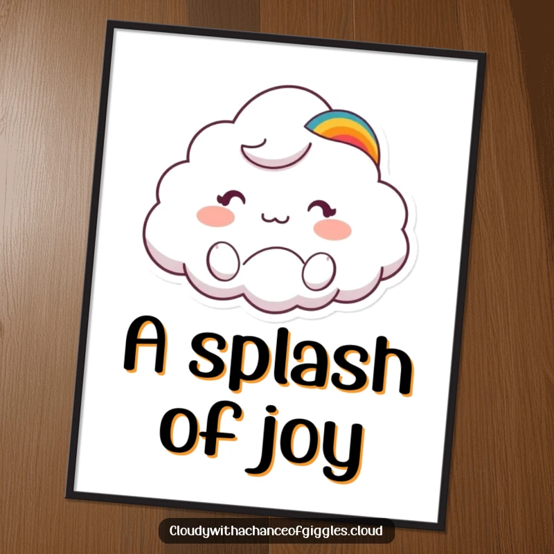 Funny poster art of a cute cloud animal character in a rainbow hat waving cheerfully, adding a splash of color.