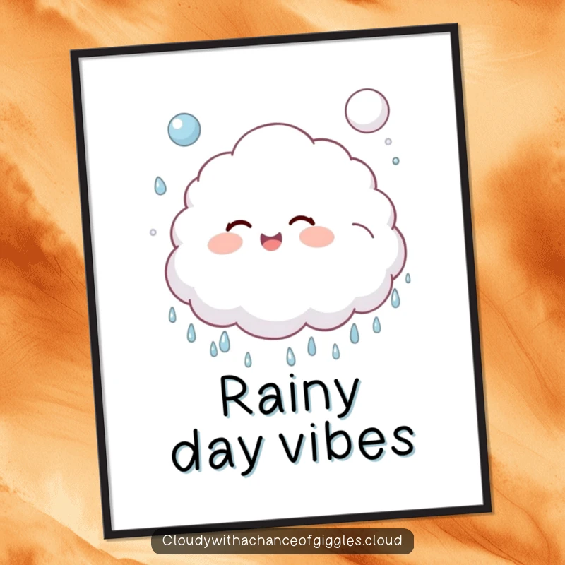 Funny, fluffy cloud child giggling and bouncing a soft, puffy raindrop like a ball on a cheerful poster.