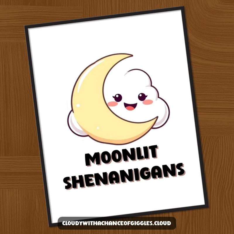 Funny poster art of a cloud with a wide, mischievous grin, peeking over the edge of a bright crescent moon at night.