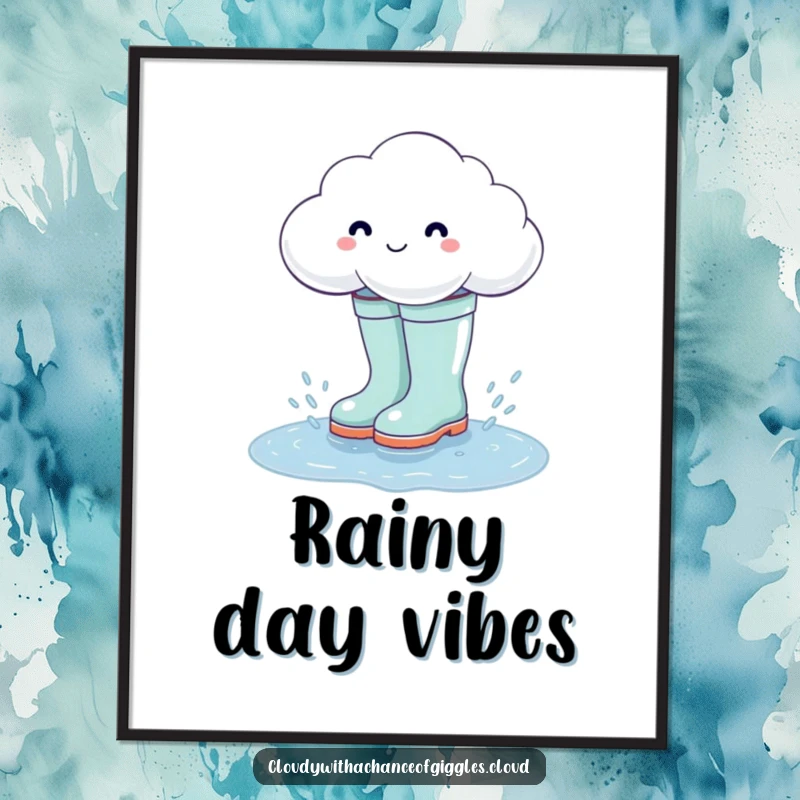 Funny cloud wearing huge rain boots, splashing in a puddle, humorous and cheerful poster art.