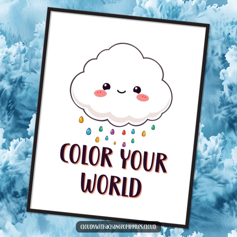 Funny poster illustration of a fluffy cloud character happily raining colorful, tiny raindrops, creating a cheerful scene.