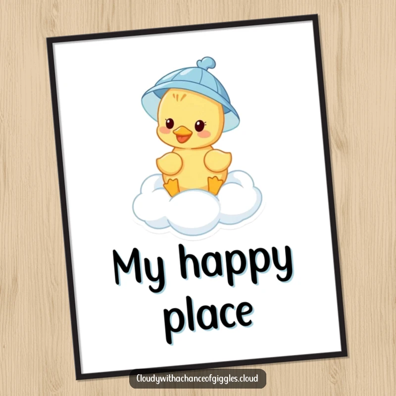 A funny, smiling duckling in a rain hat floats serenely on a cloud, presented as delightful wall art.