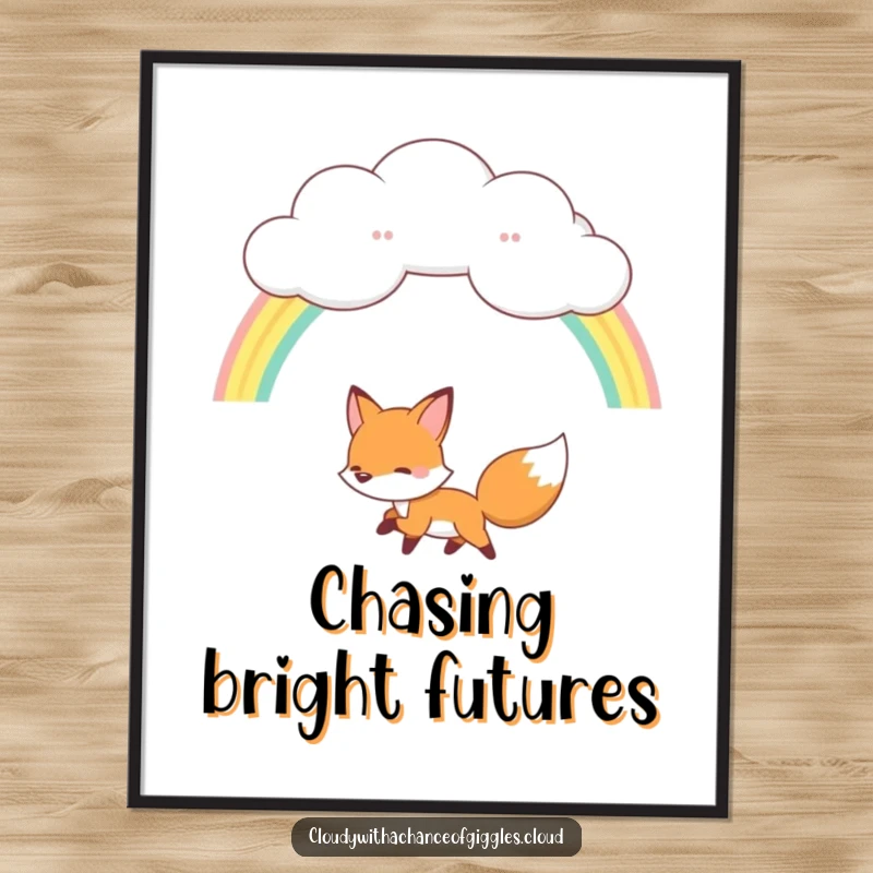 Funny fox poster, a happy fox chasing a vibrant rainbow from a fluffy cloud, whimsical wall art for dreamers.