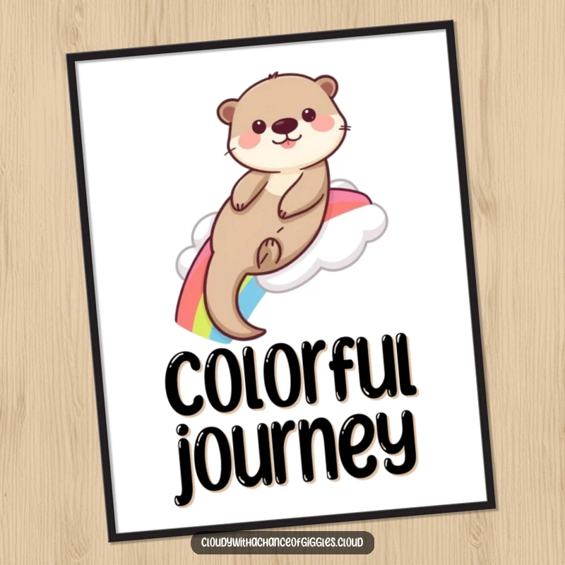 A funny, playful otter slides down a vibrant rainbow from a fluffy cloud, presented as cheerful wall art.