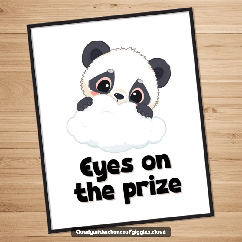 Funny panda cub poster showcasing a curious panda cub with wide eyes peeking over a cloud, creating a captivating and humorous art piece.