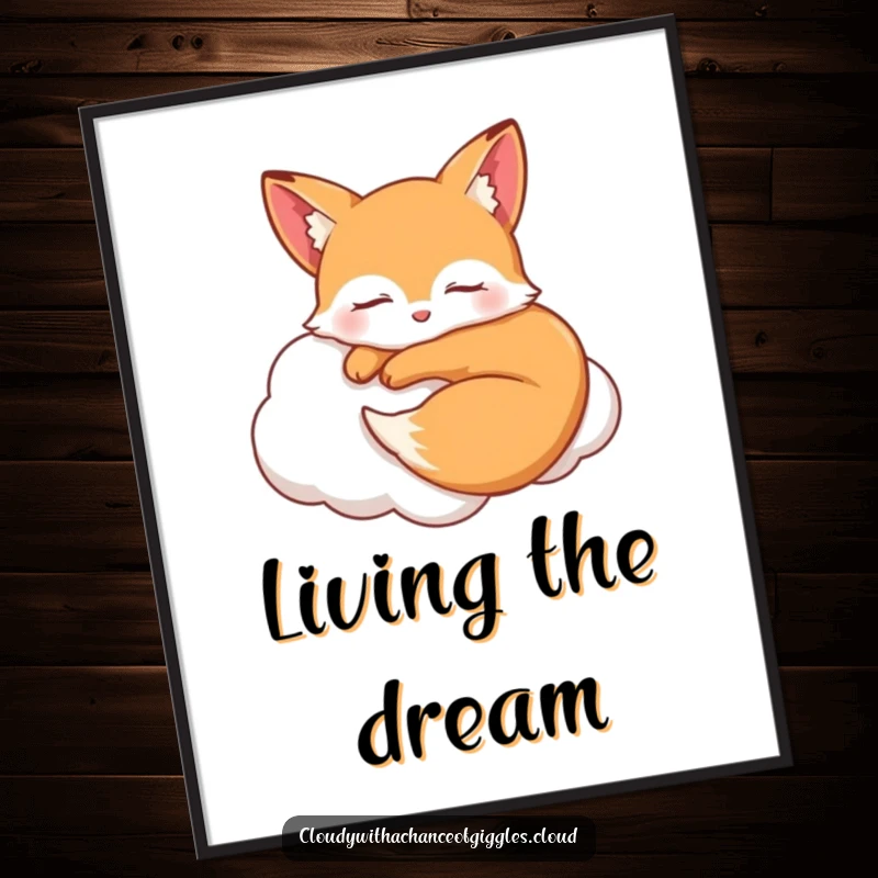 Funny sleepy fox curled up smiling on a soft cloud with closed eyes, dreamy and humorous wall art for a serene space.