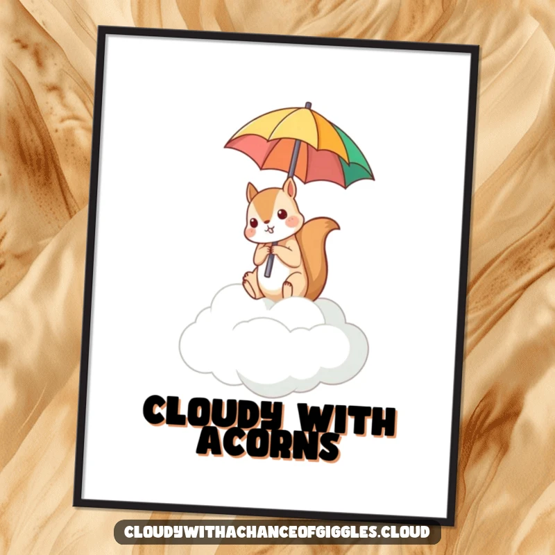 Funny poster art of a small squirrel situated on a cloud, holding a rain umbrella upside down.