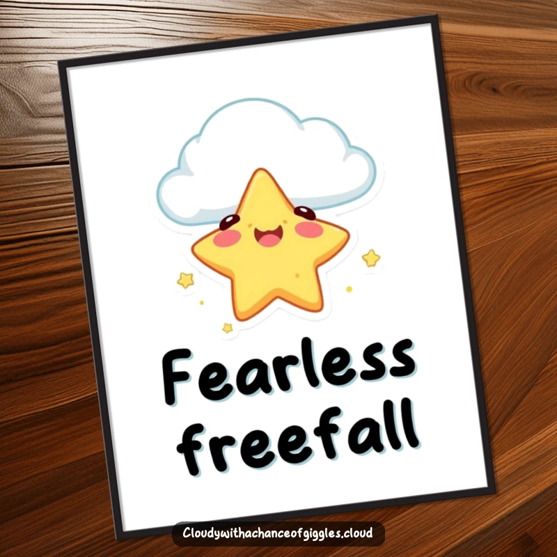 Funny poster illustrating a happy star character’s safe and gentle fall from a cloud, conveying humorous security.