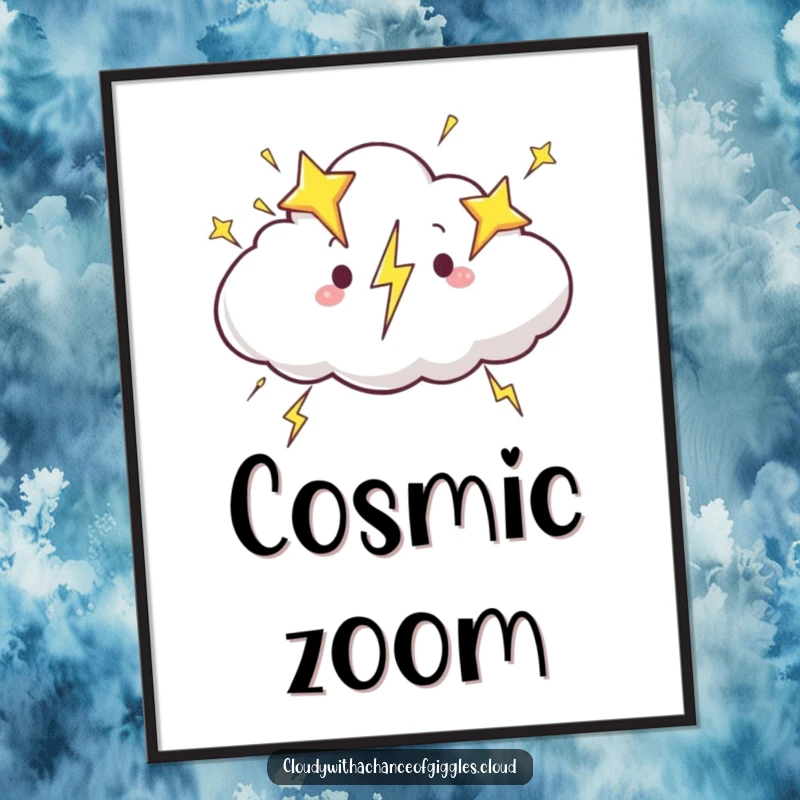Funny cloud poster, a happy cloud zipping through the sky, flashing lightning bolts shaped like stars, creating a magical scene.