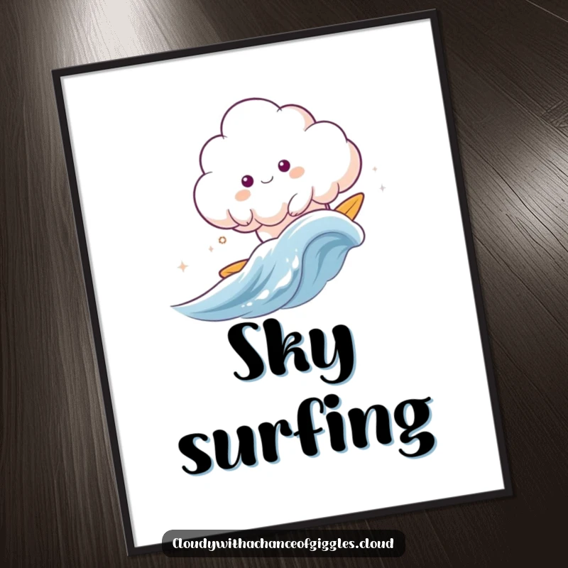 Funny cloud animal happily surfing a gentle wave of wind, a serene and funny poster for decor.