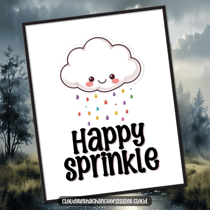 Funny cloud poster, a small happy cloud with a beaming smile, raining tiny colorful raindrops, creating a joyful scene.