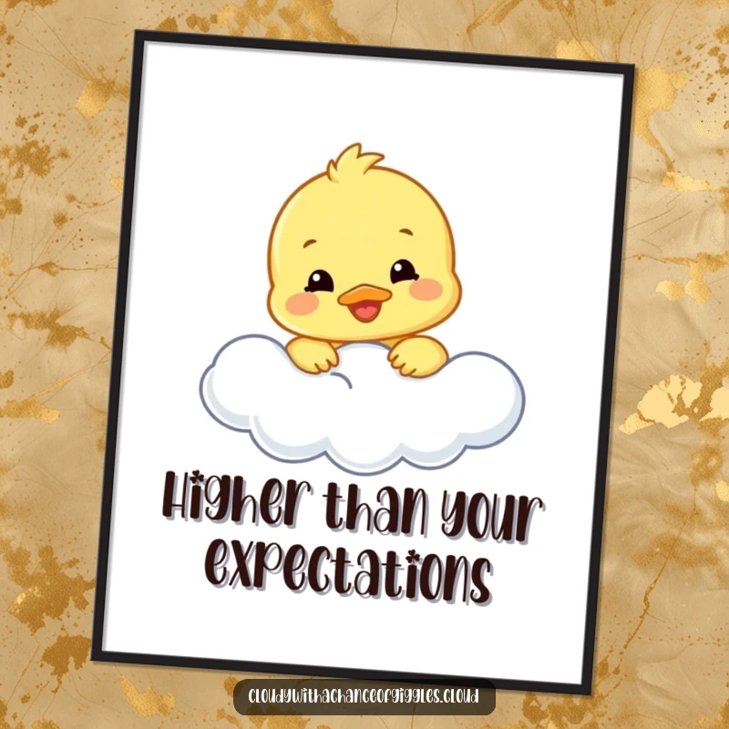 Funny duckling poster featuring a smiling duckling peeking over a soft cloud, creating a cheerful and whimsical wall art piece.