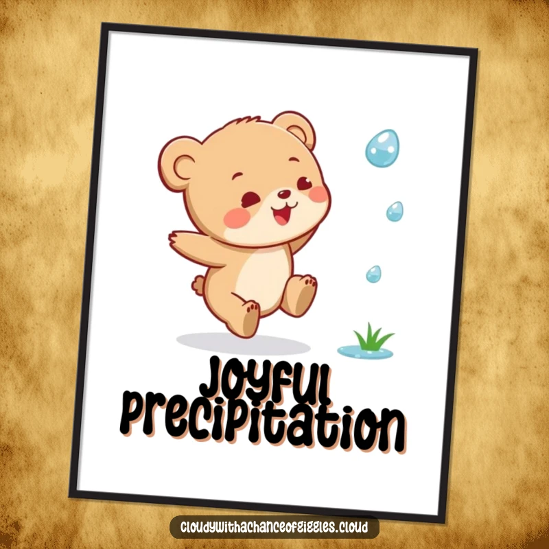 Funny Bear Cub Poster: A tiny bear cub in a mid-air joyful leap, chasing after a single falling raindrop.