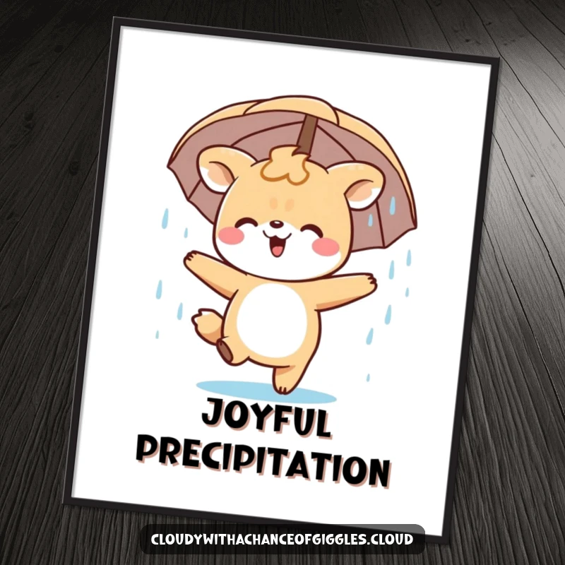 Funny Poster capturing a happy animal character in a playful dance amidst a gentle, refreshing rain shower.