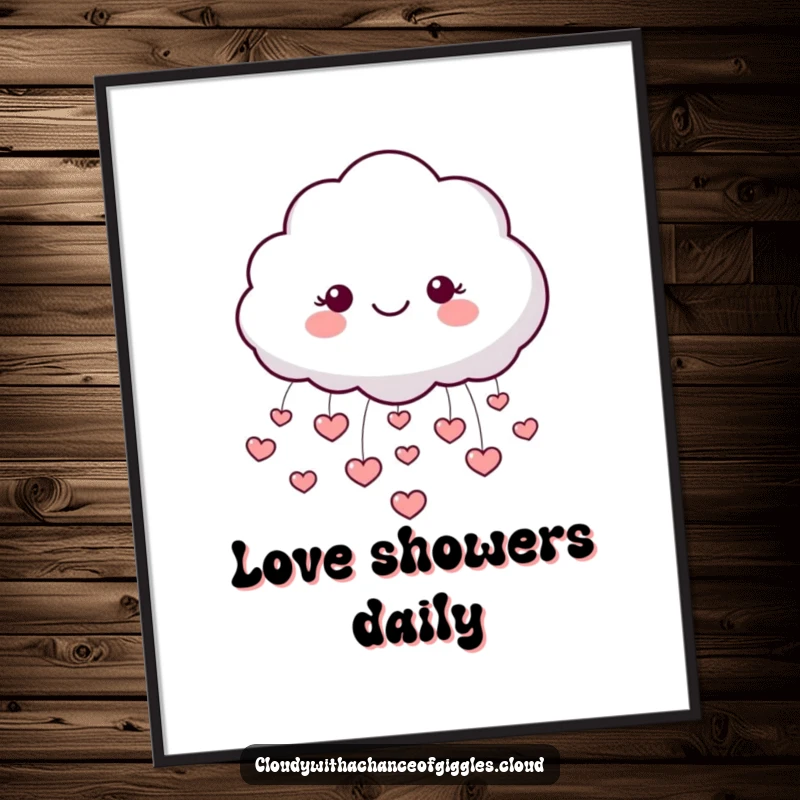 Funny poster art of a smiling, fluffy cloud character joyfully raining a deluge of tiny, loving hearts.