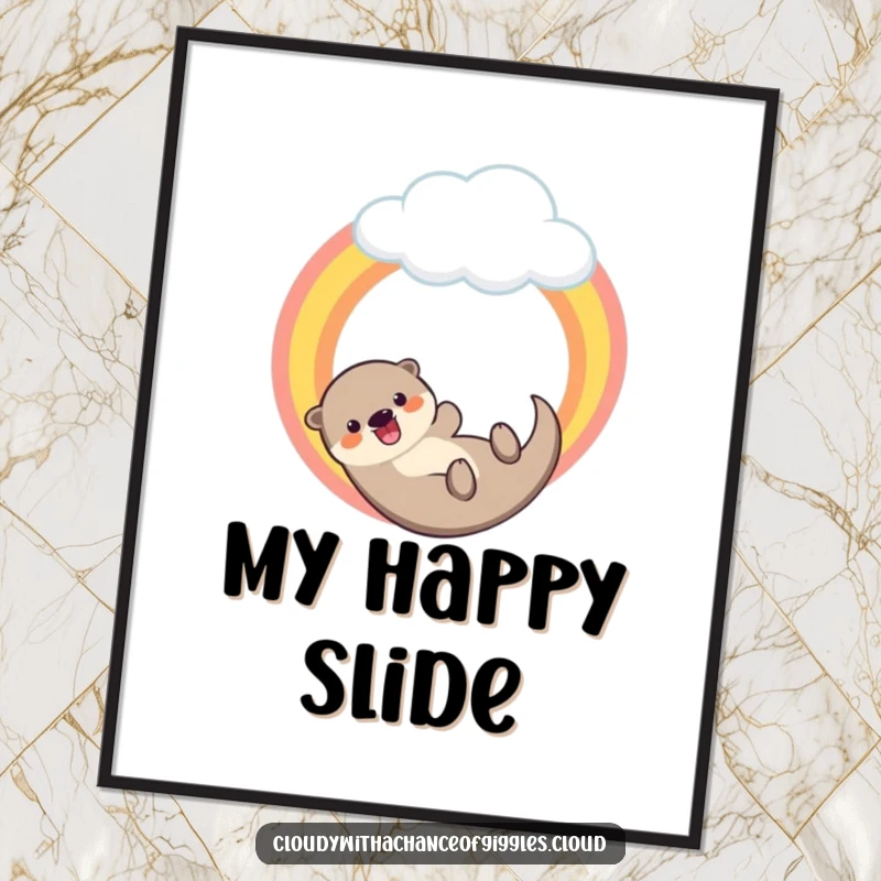 Funny poster print of a cheerful otter sliding down a vibrant rainbow from a cloud, creating a joyful and uplifting atmosphere.