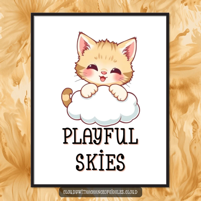 Funny poster print of a curious kitten batting at a smiling cloud, creating a whimsical and adorable visual.