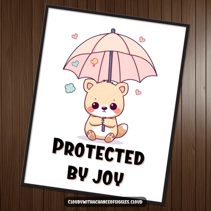 Funny poster featuring an animal holding an umbrella constructed from vibrant happy thoughts, symbolizing cheerful and humorous protection.
